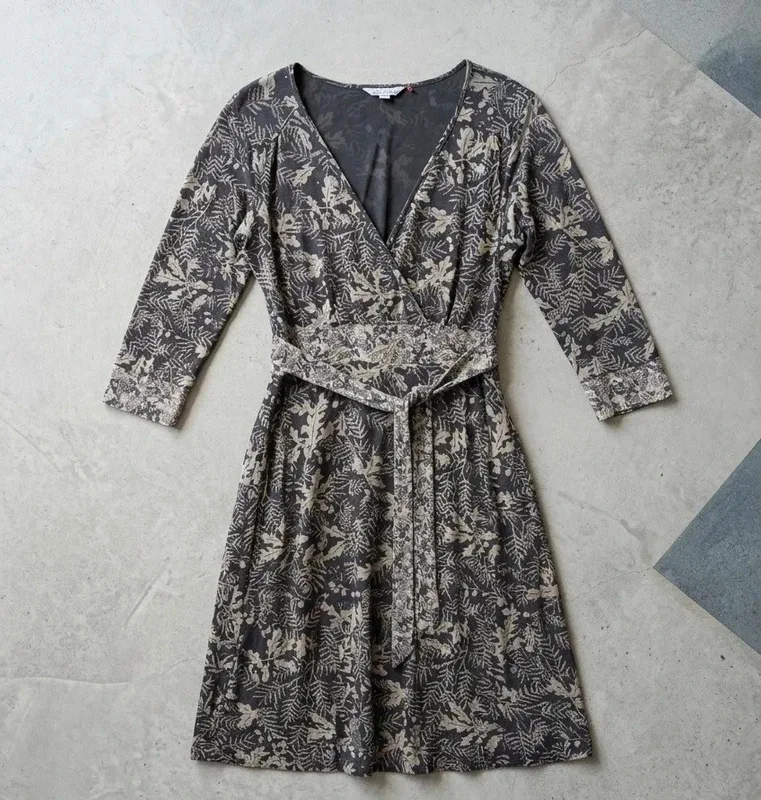 White Stuff Size 14 Khaki Autumn Leaf Jersey Wrap Dress