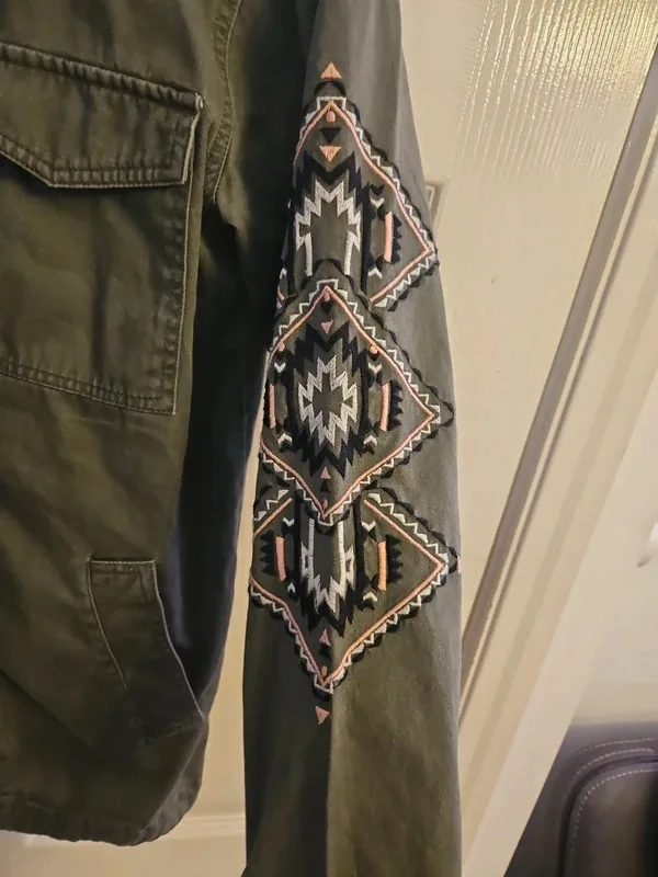 New Look Oversized Khaki Embroidered Utility Jacket Size 6 - Image 6