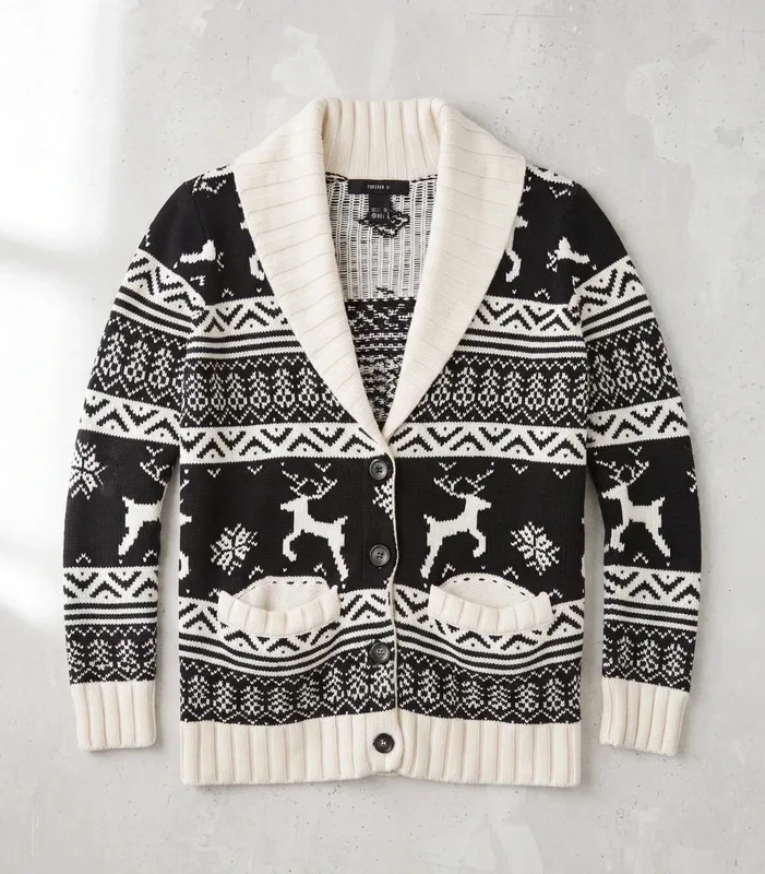 Forever 21 Christmas Jumper Cardigan Black Cream M
