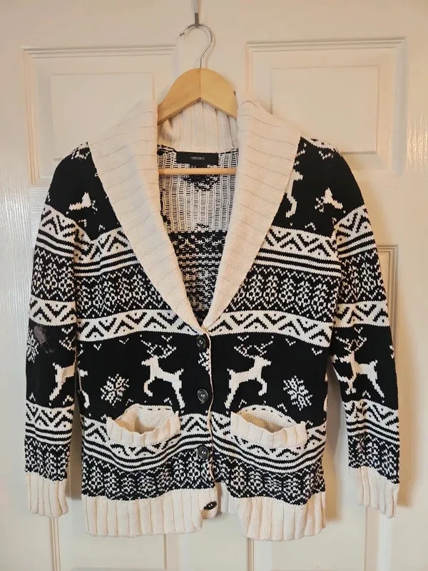 Forever 21 Christmas Jumper Cardigan Black Cream M - Image 2