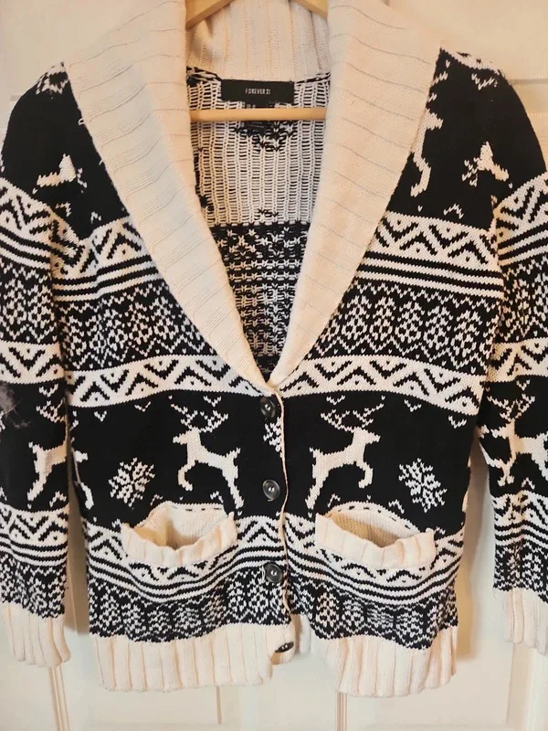 Forever 21 Christmas Jumper Cardigan Black Cream M - Image 4