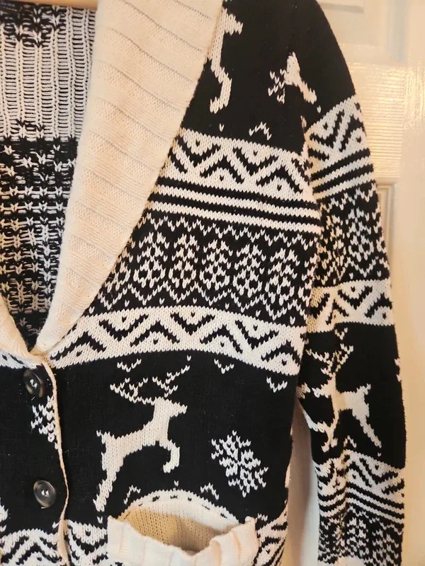 Forever 21 Christmas Jumper Cardigan Black Cream M - Image 9