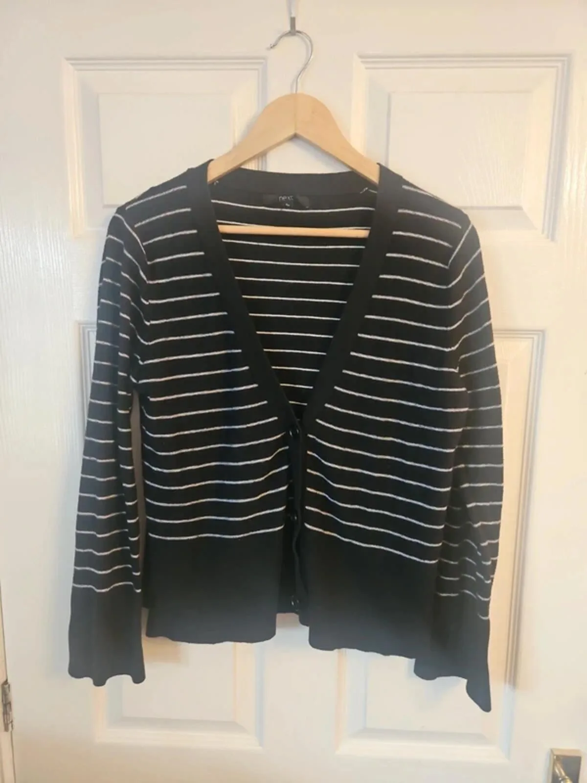 Next Striped V-Neck Cardigan Black & White Size 14 Cotton Blend - Image 2