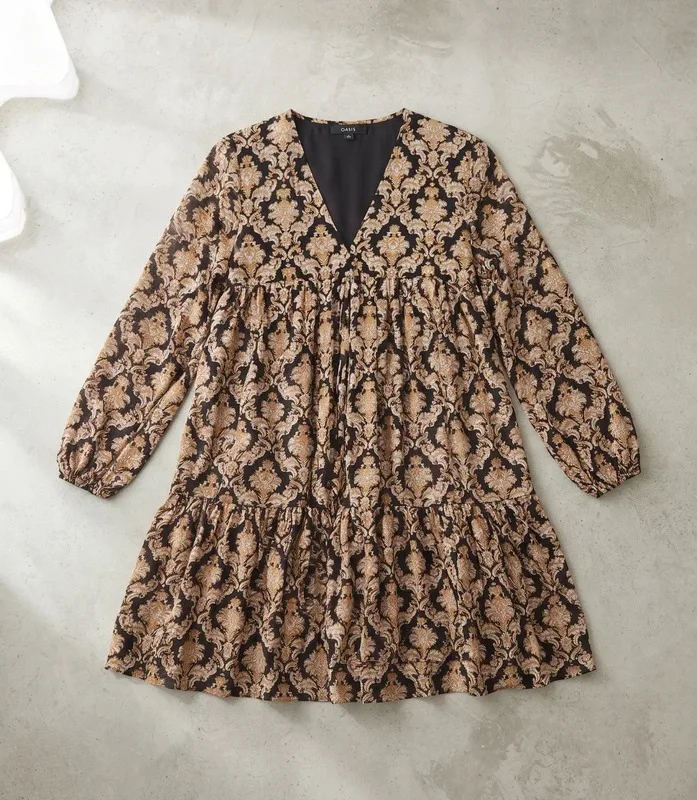 QED London Damask Tiered Smock Mini / Knee Length Dress M/L (Best Fit 12-14)