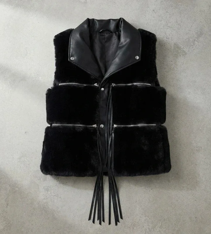Brown Faux Fur And Leather Biker Vest
