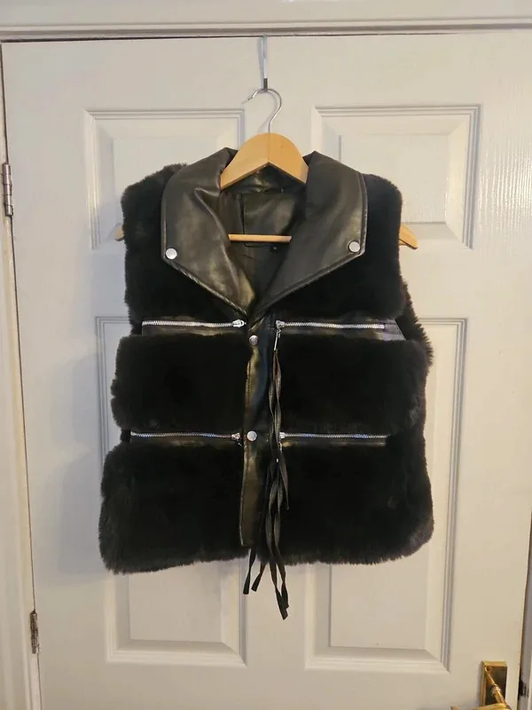 Brown Faux Fur And Leather Biker Vest - Image 2