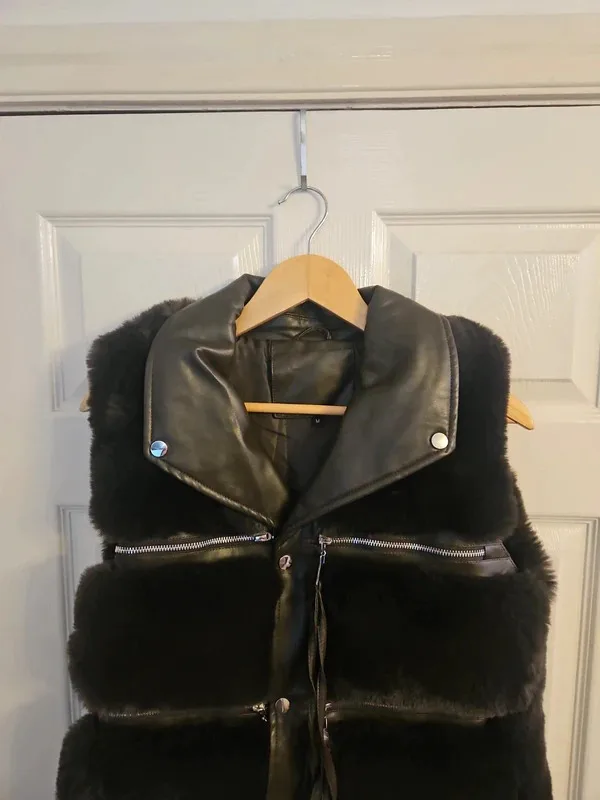 Brown Faux Fur And Leather Biker Vest - Image 3