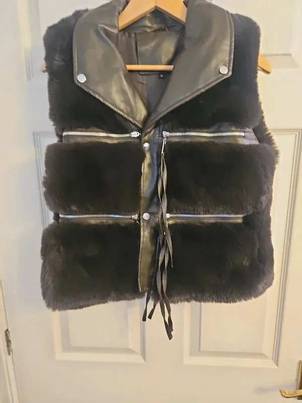 Brown Faux Fur And Leather Biker Vest - Image 4