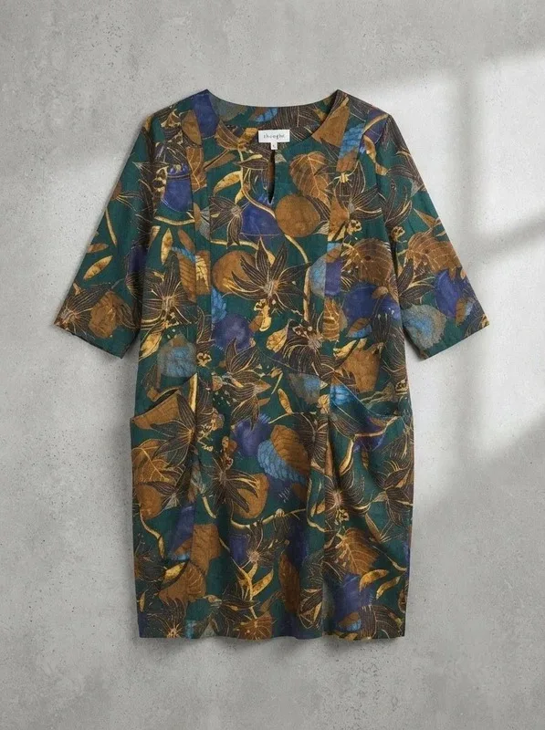 Thought Green Botanical Leaf Hemp Blend Pocket Shift Dress - Size 14