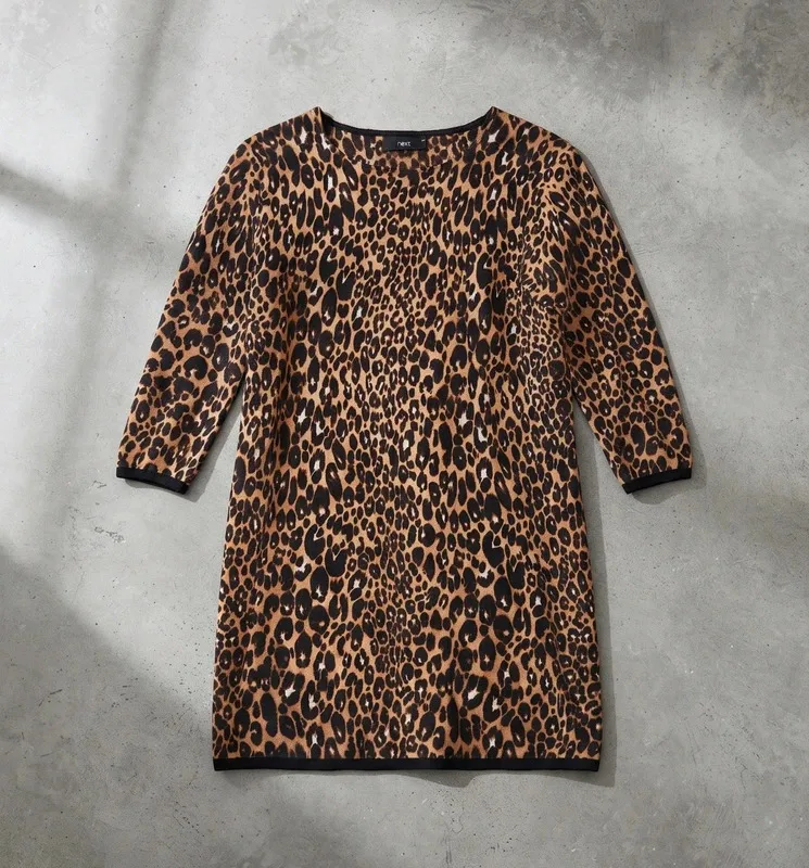 Next Leopard Print Fine Knit Tunic Mini Jumper Dress - Size 12