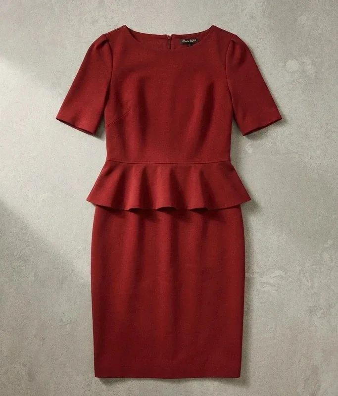 M&S Woman Claret Red Peplum Short Sleeve Dress - UK Size 14