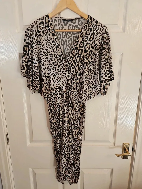 F&F Leopard Print Sparkle V-Neck Mini Dress – Size 12 - Image 2