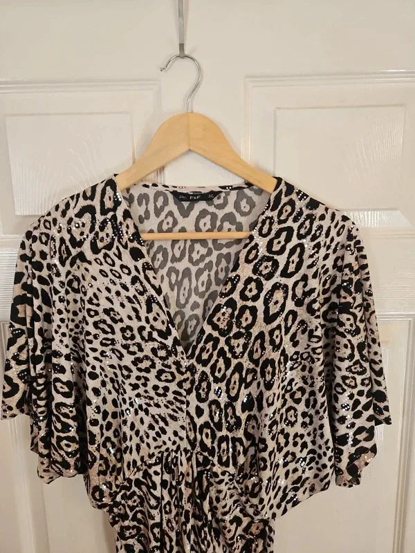 F&F Leopard Print Sparkle V-Neck Mini Dress – Size 12 - Image 3