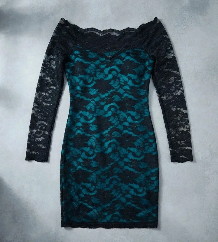 Lipsy Green Teal And Black Off The Shoulder Lace Dress Size 14