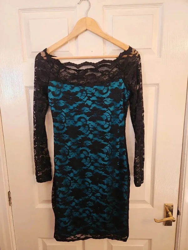 Lipsy Green Teal And Black Off The Shoulder Lace Dress Size 14 - Image 5