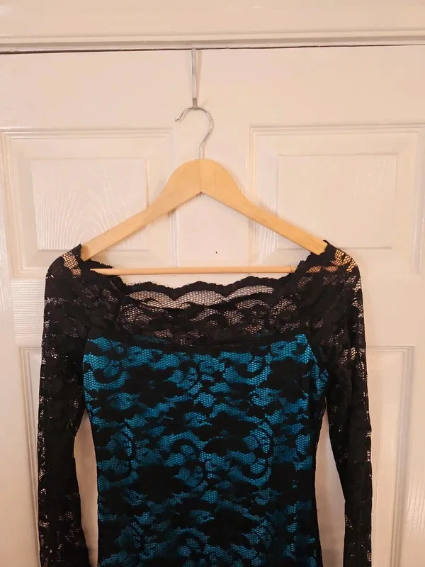 Lipsy Green Teal And Black Off The Shoulder Lace Dress Size 14 - Image 6
