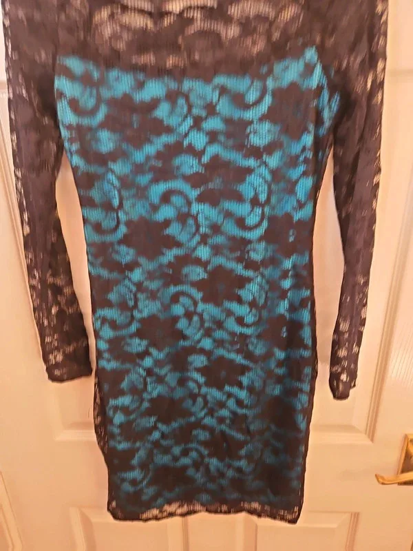 Lipsy Green Teal And Black Off The Shoulder Lace Dress Size 14 - Image 7