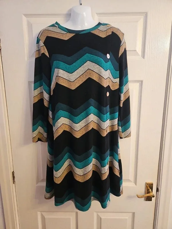 Roman Originals Teal & Brown Chevron Asymmetric Button Dress - Size 12