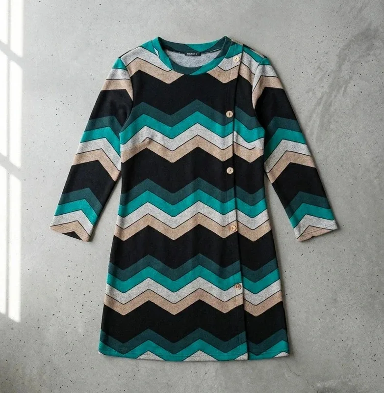 Roman Originals Teal & Brown Chevron Asymmetric Button Dress - Size 12 - Image 2