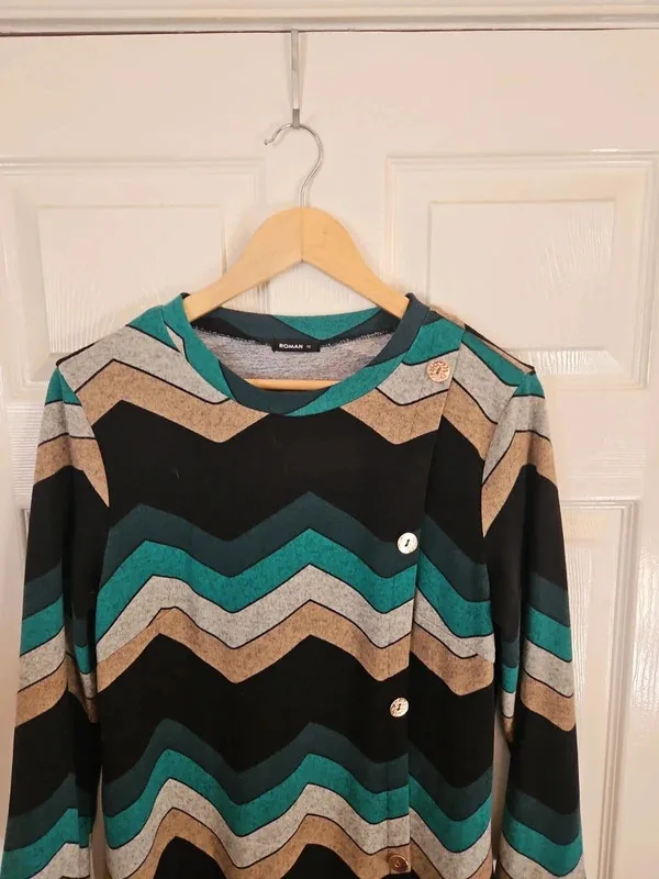 Roman Originals Teal & Brown Chevron Asymmetric Button Dress - Size 12 - Image 4