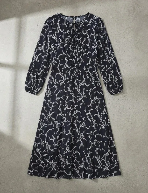 George Black Floral Midi Dress Size 12 Long Sleeve Cottagecore Dress
