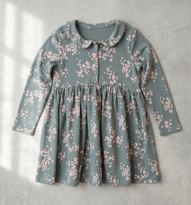 Next Girls Sage Green & Pink Floral Cotton Dress Age 5-6 Years (116cm)