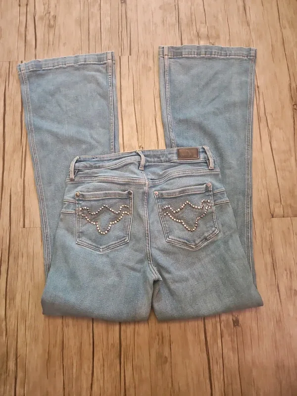 Rank 45 Low Waisted Flared Jeans Light Wash Y2K Rhinestone Detail W30 L32