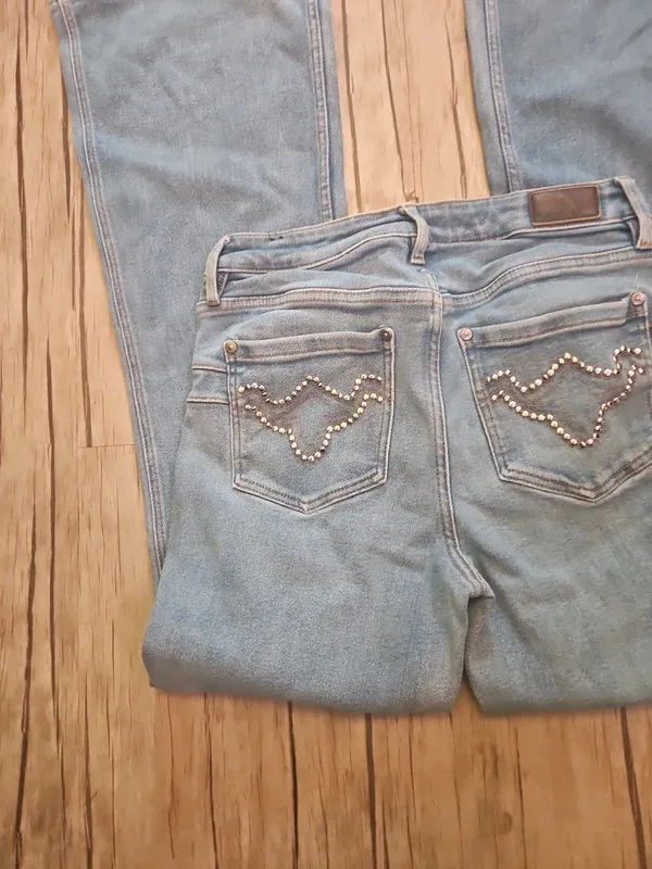 Rank 45 Low Waisted Flared Jeans Light Wash Y2K Rhinestone Detail W30 L32 - Image 2