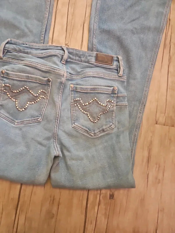 Rank 45 Low Waisted Flared Jeans Light Wash Y2K Rhinestone Detail W30 L32 - Image 3