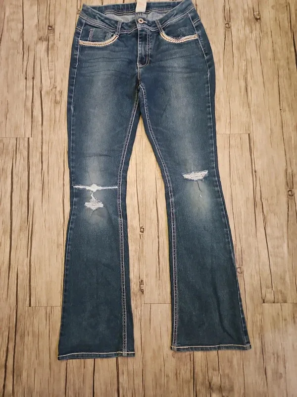 Faded Glory Low Waisted Flared Jeans Distressed Blue Denim Size W28 L29 - Image 5