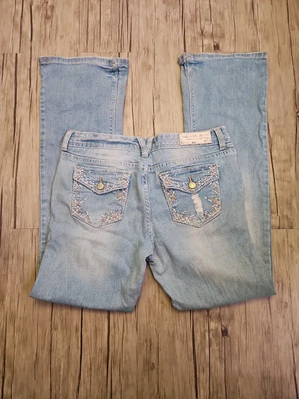 Amethyst Light Blue Low Rise Flared Distressed Jeans Best Fit 12-14