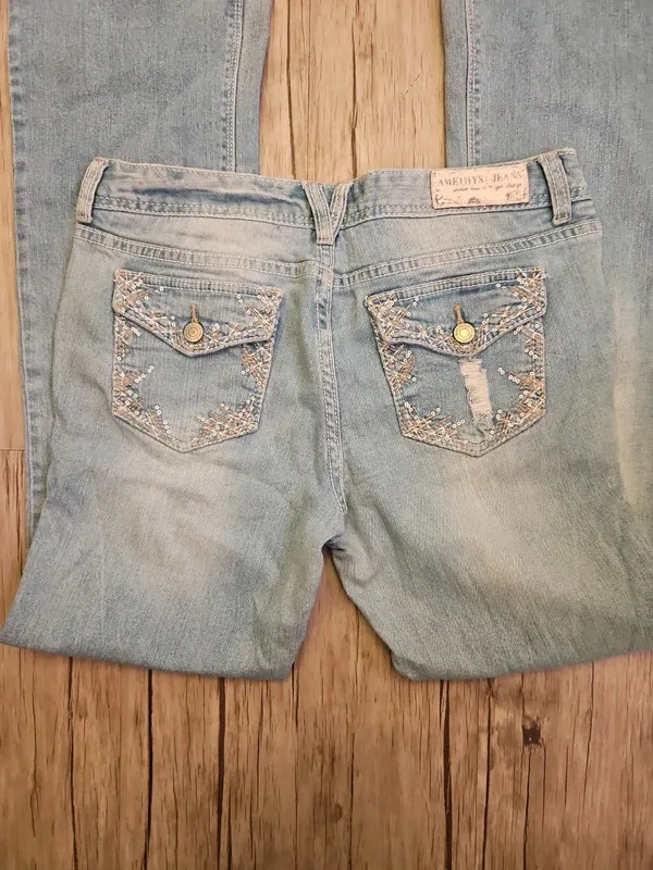 Amethyst Light Blue Low Rise Flared Distressed Jeans Best Fit 12-14 - Image 4
