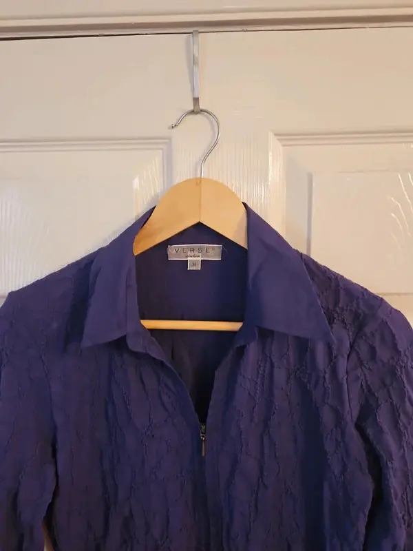 Verse Collection Purple Textured Double Zip Blouse Stretch Size 16 - Image 3