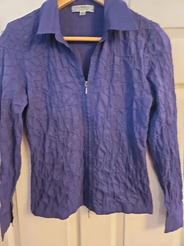 Verse Collection Purple Textured Double Zip Blouse Stretch Size 16 - Image 4