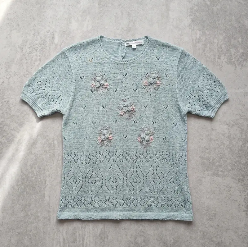 Classic Woman Mint Green Crochet Knit Floral Jumper Top Size 10/12