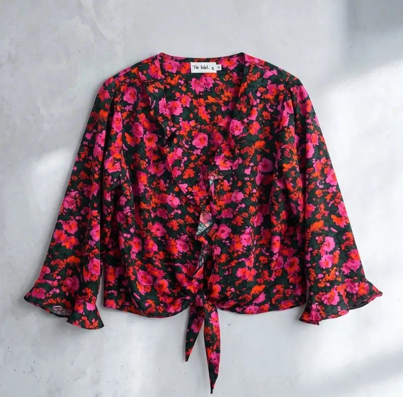 The Bohck Floral Tie Front Blouse Pink Orange Black Bell Sleeve UK 16