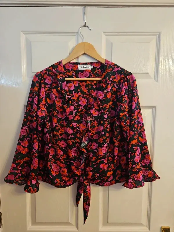 The Bohck Floral Tie Front Blouse Pink Orange Black Bell Sleeve UK 16 - Image 2