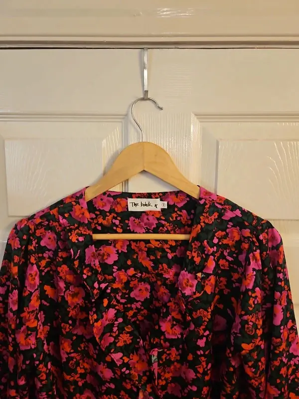 The Bohck Floral Tie Front Blouse Pink Orange Black Bell Sleeve UK 16 - Image 3