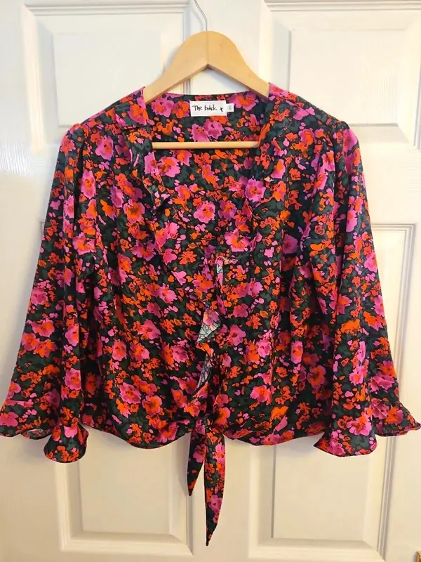 The Bohck Floral Tie Front Blouse Pink Orange Black Bell Sleeve UK 16 - Image 4