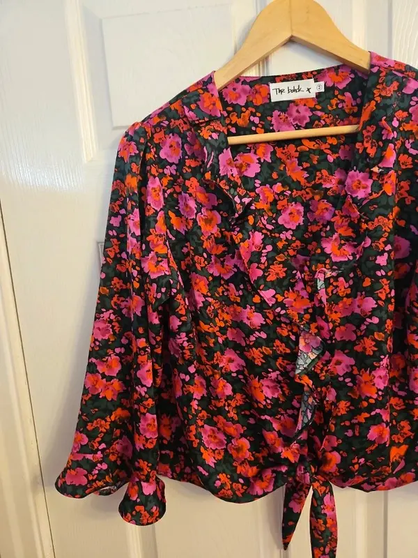 The Bohck Floral Tie Front Blouse Pink Orange Black Bell Sleeve UK 16 - Image 5