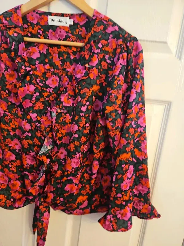 The Bohck Floral Tie Front Blouse Pink Orange Black Bell Sleeve UK 16 - Image 6
