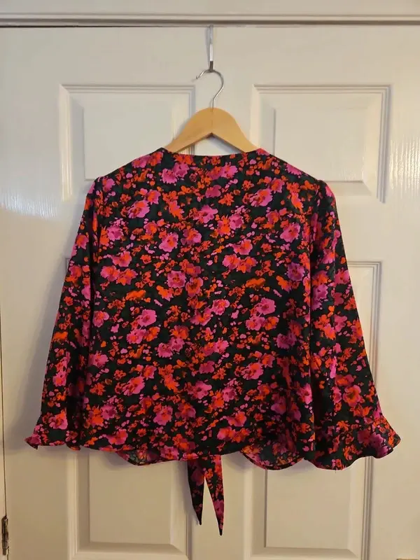 The Bohck Floral Tie Front Blouse Pink Orange Black Bell Sleeve UK 16 - Image 8