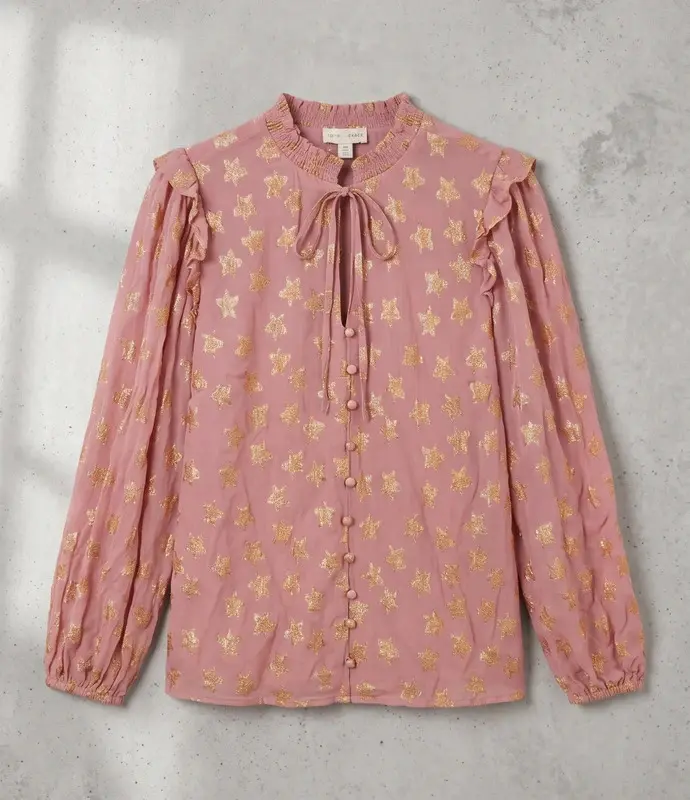 Love & Roses Pink Gold Star Metallic Blouse Ruffle Tie Neck Size 8