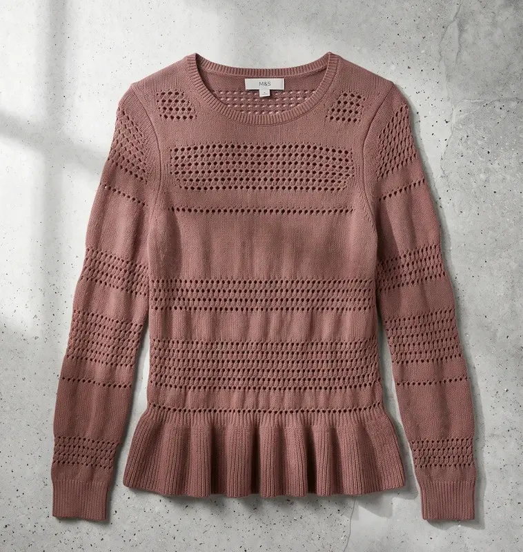 M&S Brown Crochet Knit Jumper Peplum Hem Size S