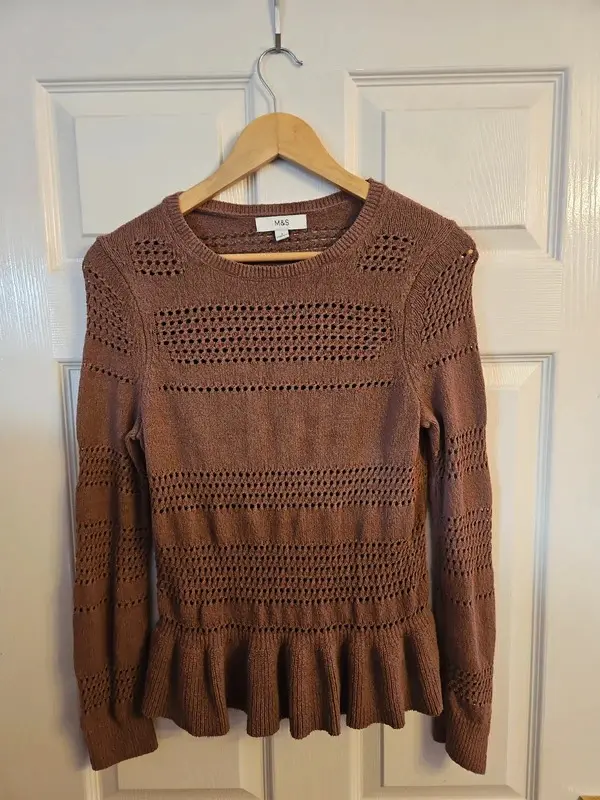 M&S Brown Crochet Knit Jumper Peplum Hem Size S - Image 2