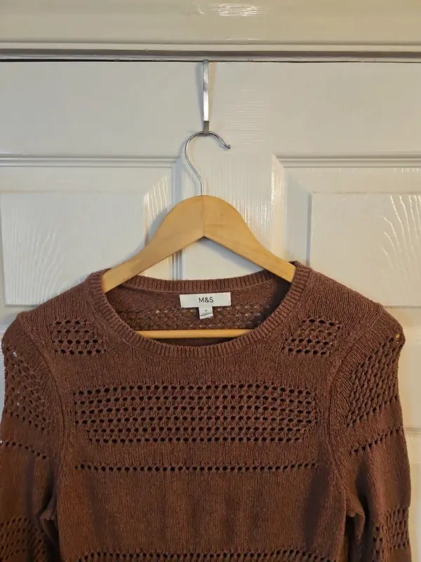 M&S Brown Crochet Knit Jumper Peplum Hem Size S - Image 3