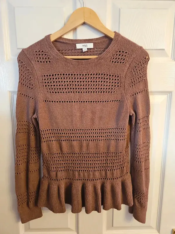 M&S Brown Crochet Knit Jumper Peplum Hem Size S - Image 4