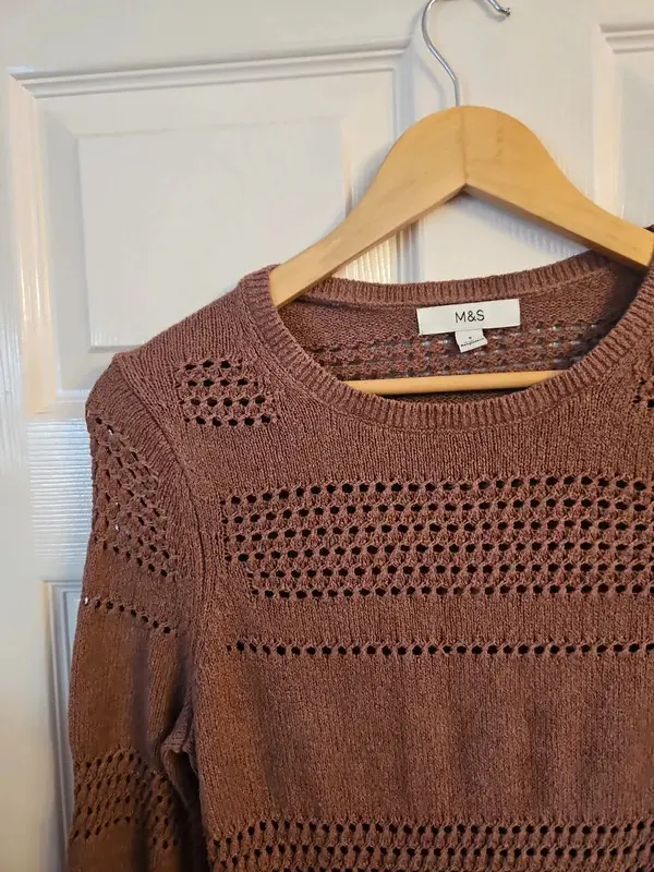 M&S Brown Crochet Knit Jumper Peplum Hem Size S - Image 6
