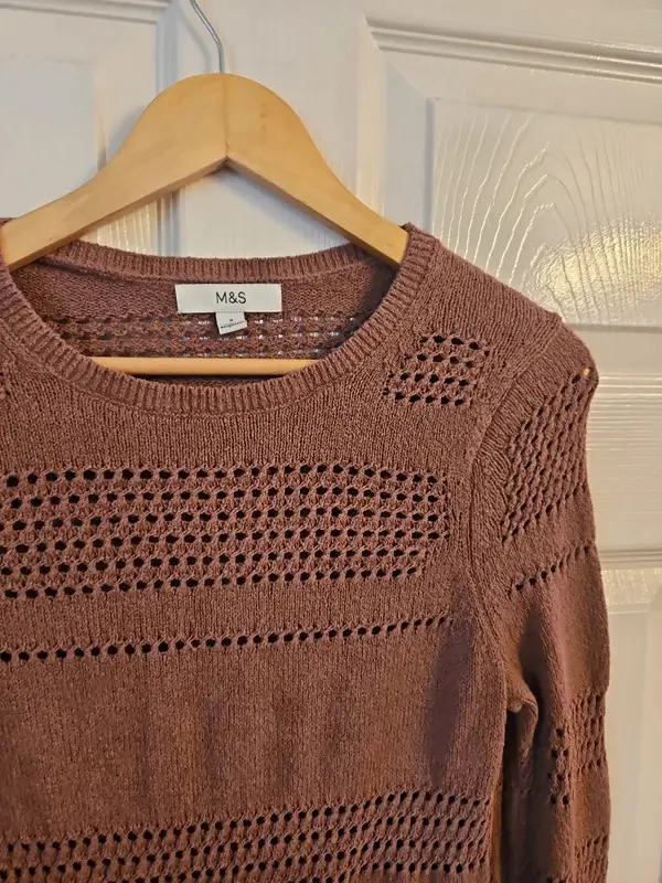 M&S Brown Crochet Knit Jumper Peplum Hem Size S - Image 7