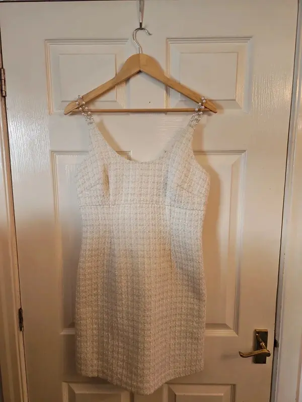Adrianna Papell Cream Textured Dress Pearl Style Straps Size 12 - Image 2